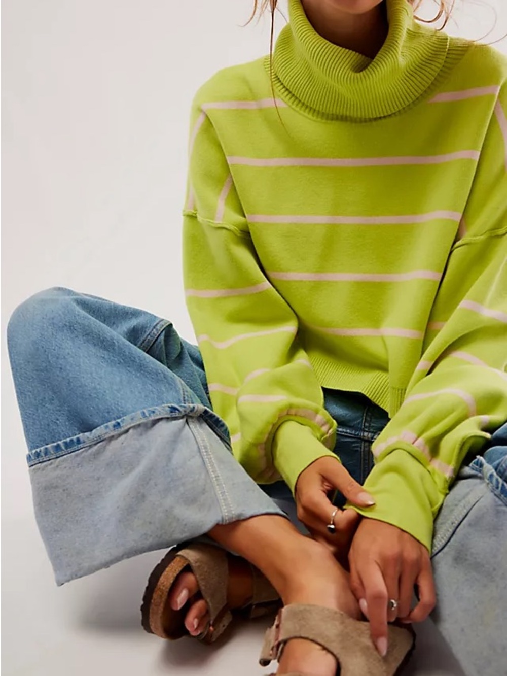 Free People Lime Green Striped Cowl Turtleneck Sweater
